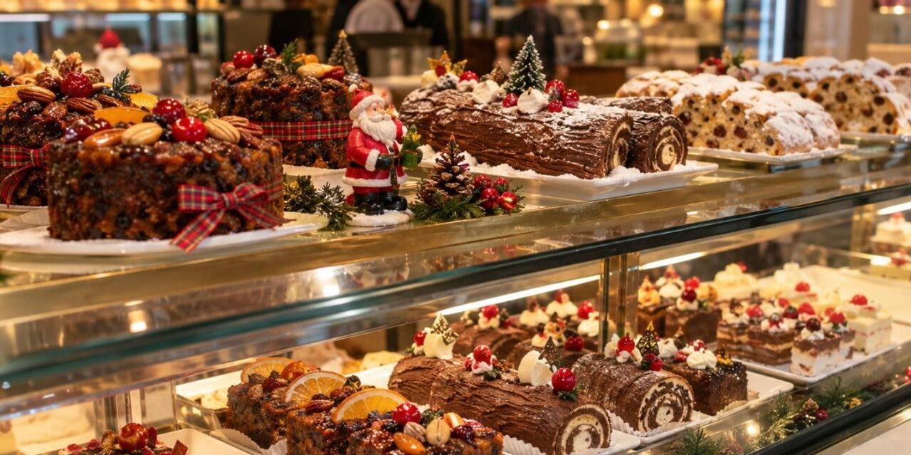 Bakery display case with Christmas plum cakes, yule logs and stollen in Gurgaon