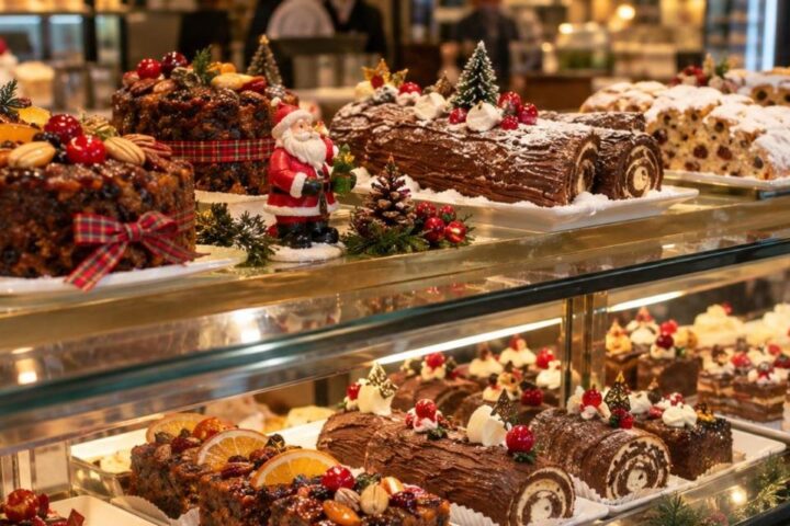 Bakery display case with Christmas plum cakes, yule logs and stollen in Gurgaon