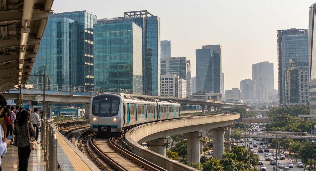 Rapid Metro train with teal doors on an elevated viaduct past DLF Cyber City glass towers in Gurgaon