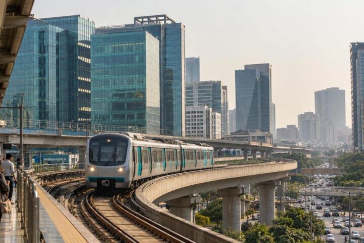 Rapid Metro train with teal doors on an elevated viaduct past DLF Cyber City glass towers in Gurgaon