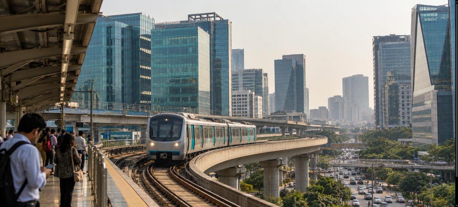 Rapid Metro train with teal doors on an elevated viaduct past DLF Cyber City glass towers in Gurgaon