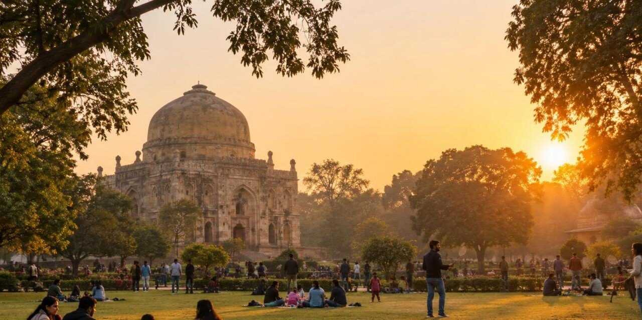 Families picnicking on park lawns at golden hour on a north Indian winter afternoon
