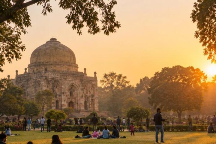 Families picnicking on park lawns at golden hour on a north Indian winter afternoon