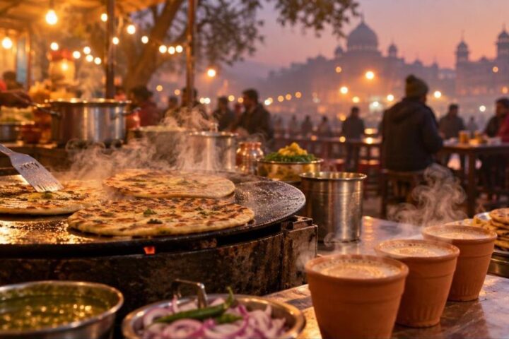 Street food vendor griddle with parathas and kulhad chai on a foggy Gurgaon winter evening