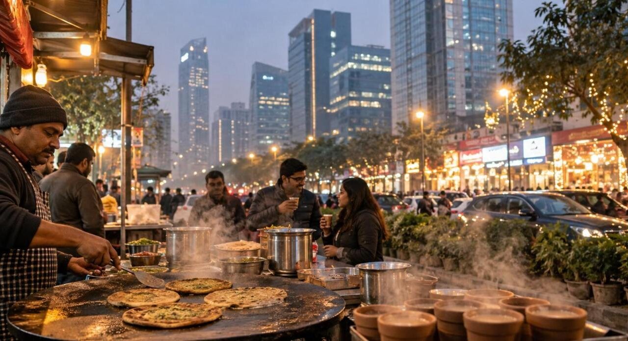 Paratha and kulhad chai street stall on a foggy winter evening with modern Gurgaon towers behind