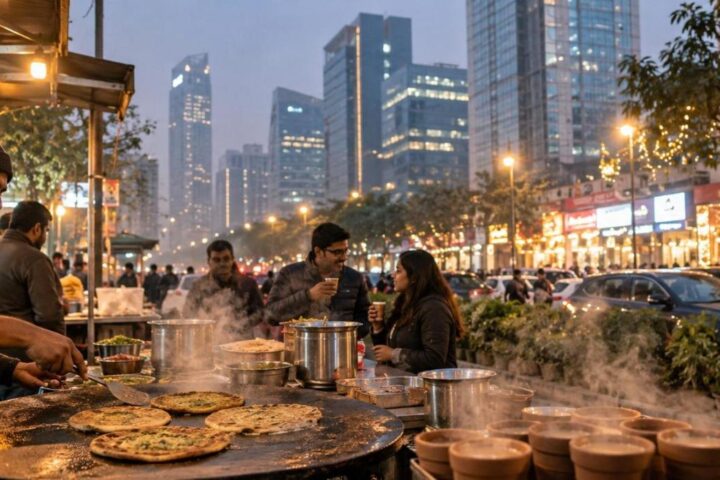 Paratha and kulhad chai street stall on a foggy winter evening with modern Gurgaon towers behind