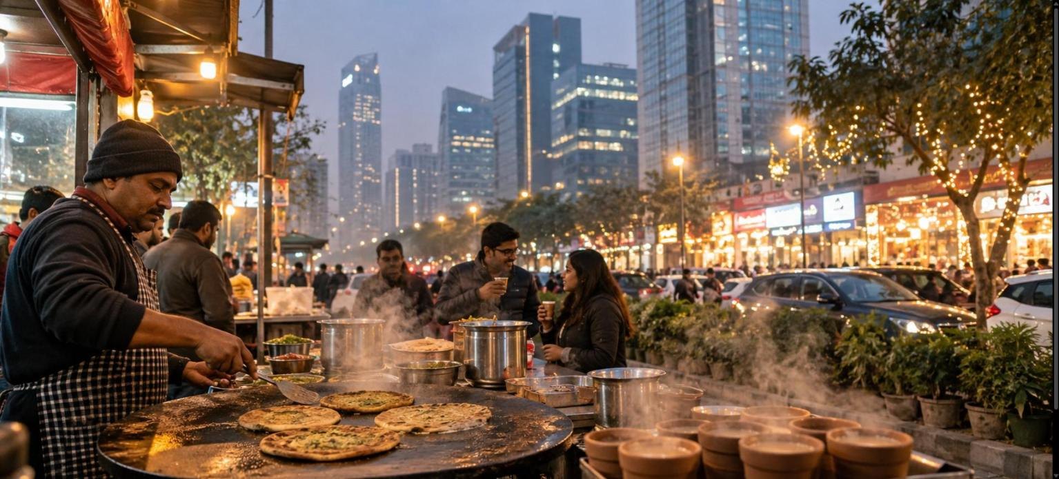 Paratha and kulhad chai street stall on a foggy winter evening with modern Gurgaon towers behind