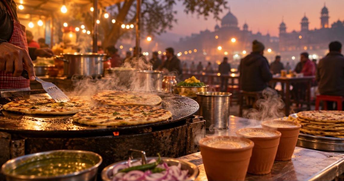 Street food vendor griddle with parathas and kulhad chai on a foggy Gurgaon winter evening