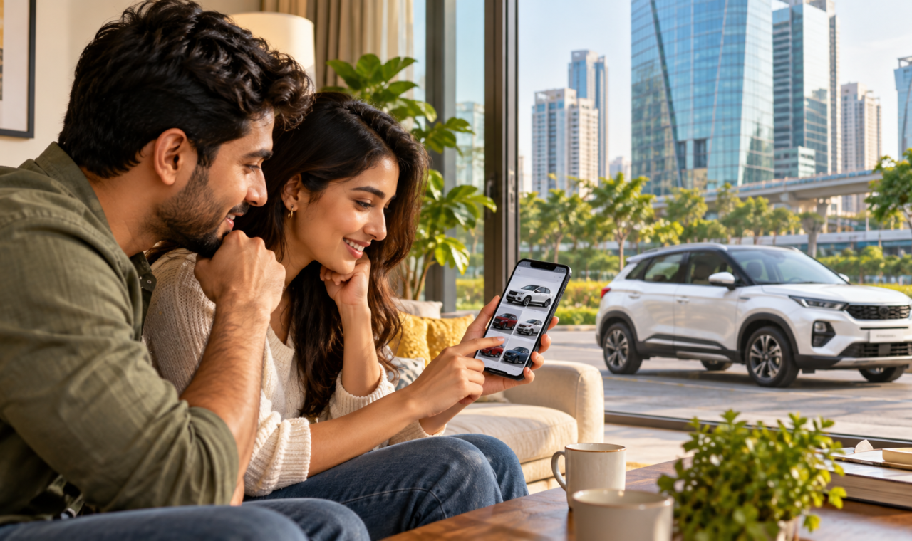 Couple in Gurugram comparing new car dealer offers on a smartphone