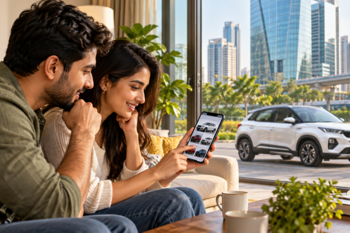 Couple in Gurugram comparing new car dealer offers on a smartphone