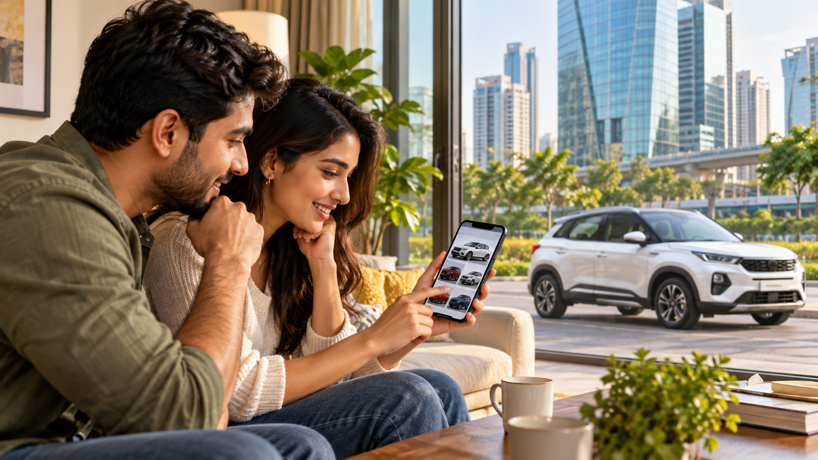 Couple in Gurugram comparing new car dealer offers on a smartphone