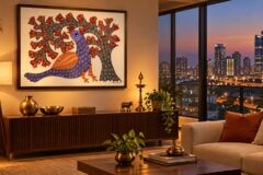 Gond painting from Treasure of India in a Gurugram home overlooking the city skyline
