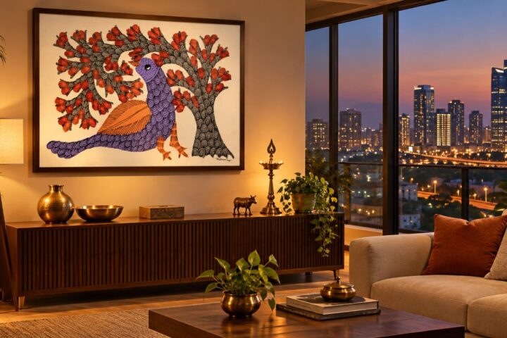 Gond painting from Treasure of India in a Gurugram home overlooking the city skyline
