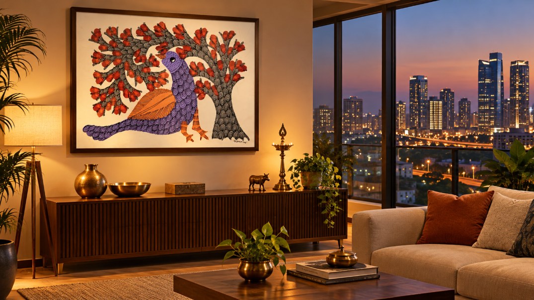 Gond painting from Treasure of India in a Gurugram home overlooking the city skyline