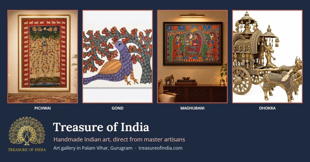 Pichwai, Gond, Madhubani and Dhokra works from Treasure of India, a handmade Indian art gallery in Gurugram