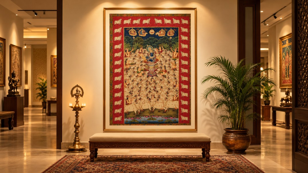 Shrinathji Pichwai painting from Treasure of India displayed in a Gurugram art gallery